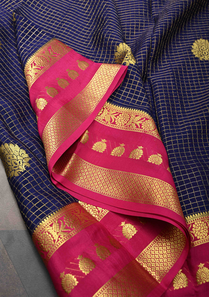 Navy Blue Mysore silk Saree With Zari Checks And Contrast Border in KSIC Grade Thickness| SILK MARK CERTIFIED