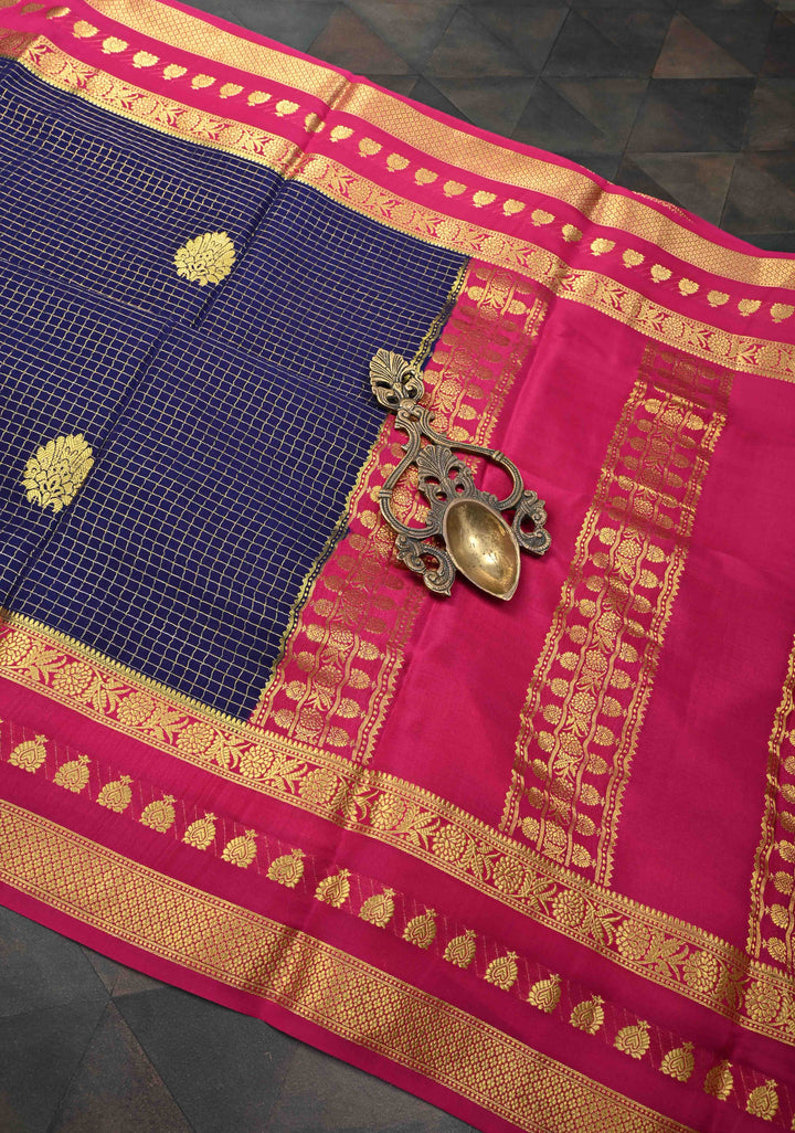 Navy Blue Mysore silk Saree With Zari Checks And Contrast Border in KSIC Grade Thickness| SILK MARK CERTIFIED