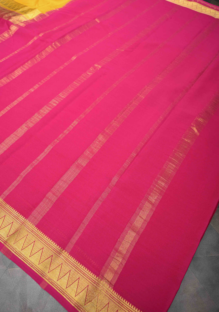 Yellow Mysore silk Saree With Half Magenta Zari Border | SILK MARK CERTIFIED