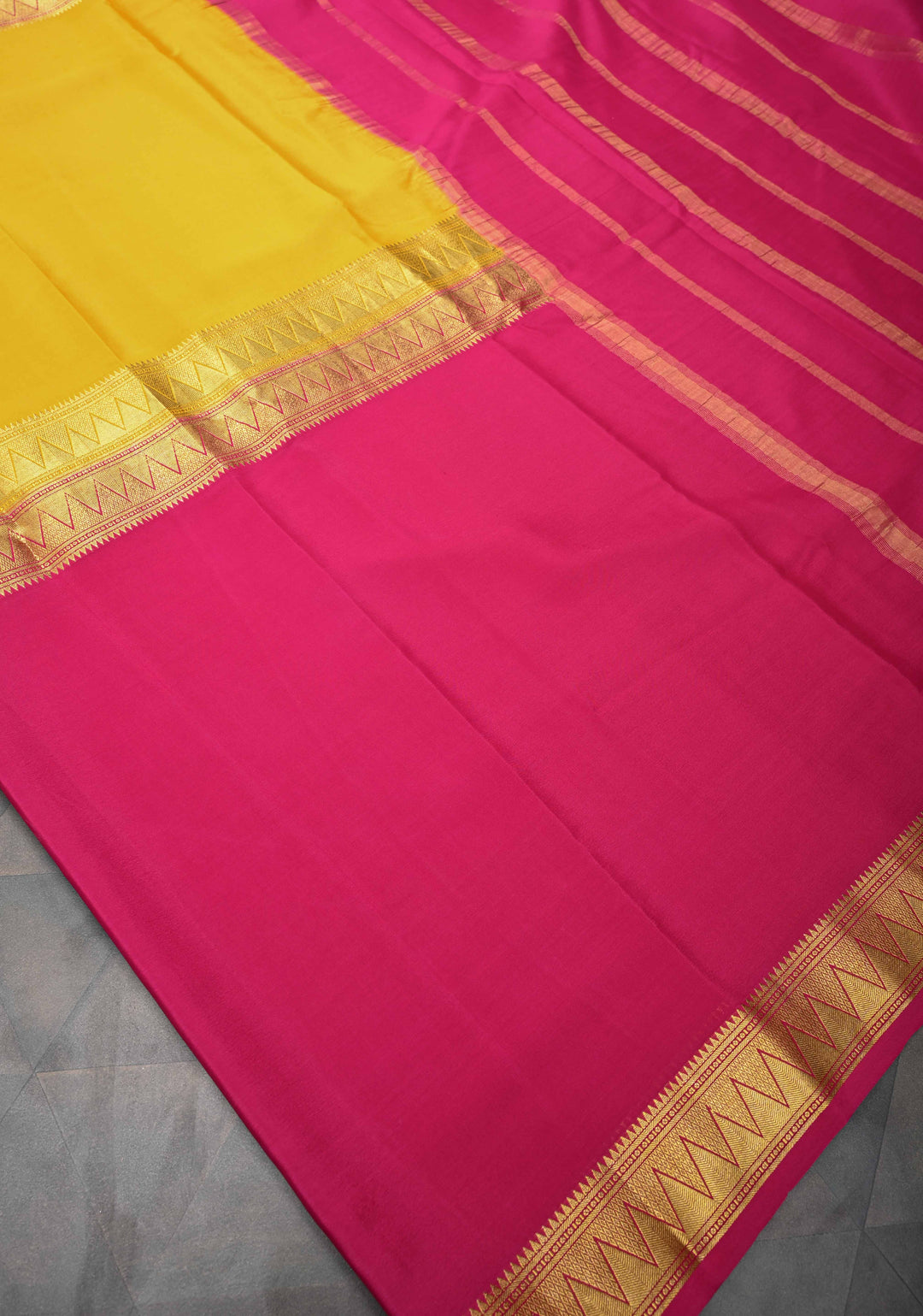 Yellow Mysore silk Saree With Half Magenta Zari Border | SILK MARK CERTIFIED