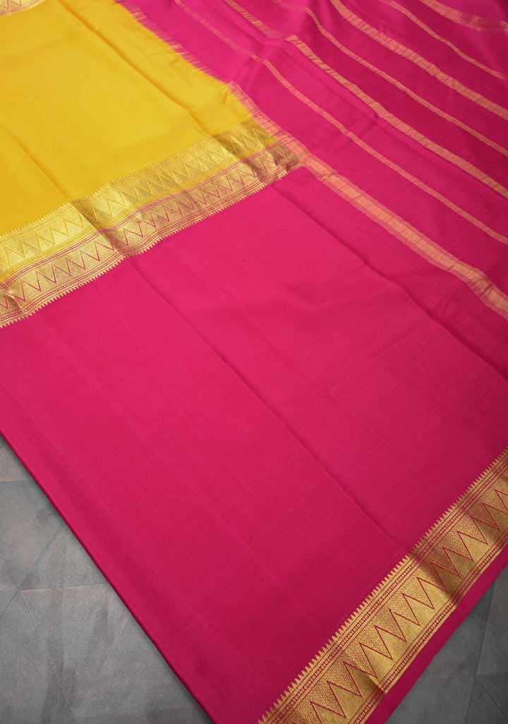 Yellow Mysore silk Saree With Half Magenta Zari Border | SILK MARK CERTIFIED