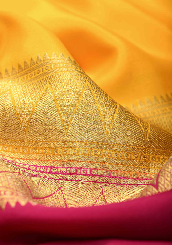 Yellow Mysore silk Saree With Half Magenta Zari Border | SILK MARK CERTIFIED