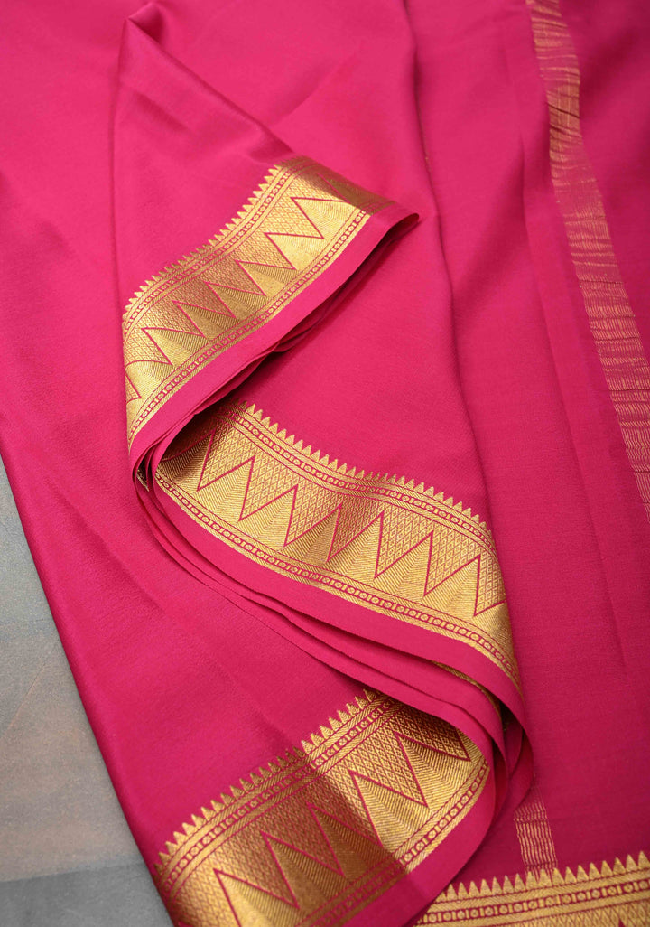 Yellow Mysore silk Saree With Half Magenta Zari Border | SILK MARK CERTIFIED
