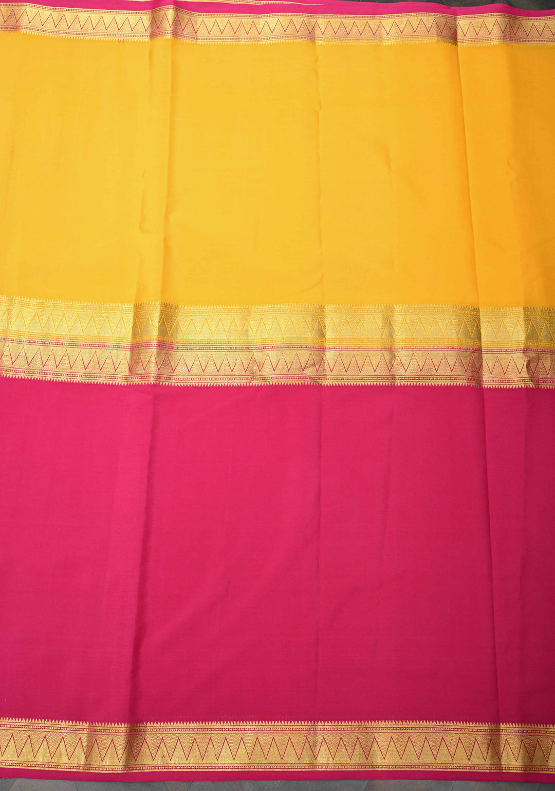Yellow Mysore silk Saree With Half Magenta Zari Border | SILK MARK CERTIFIED