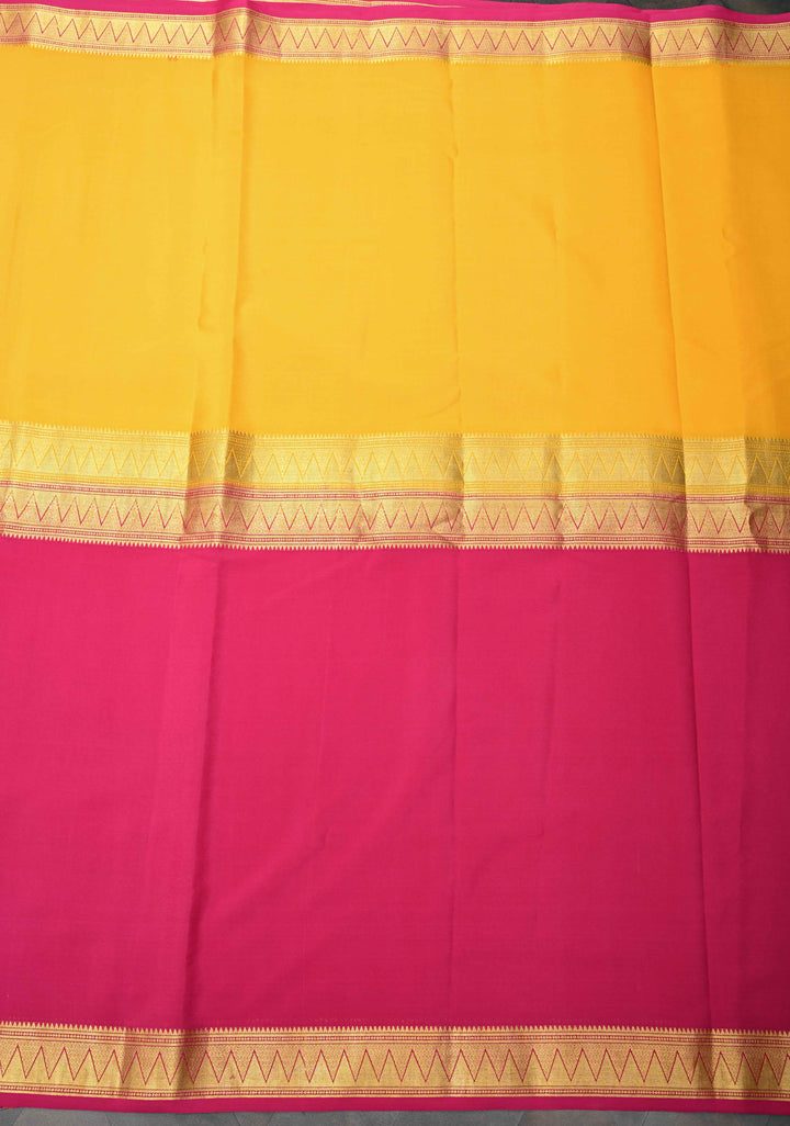 Yellow Mysore silk Saree With Half Magenta Zari Border | SILK MARK CERTIFIED