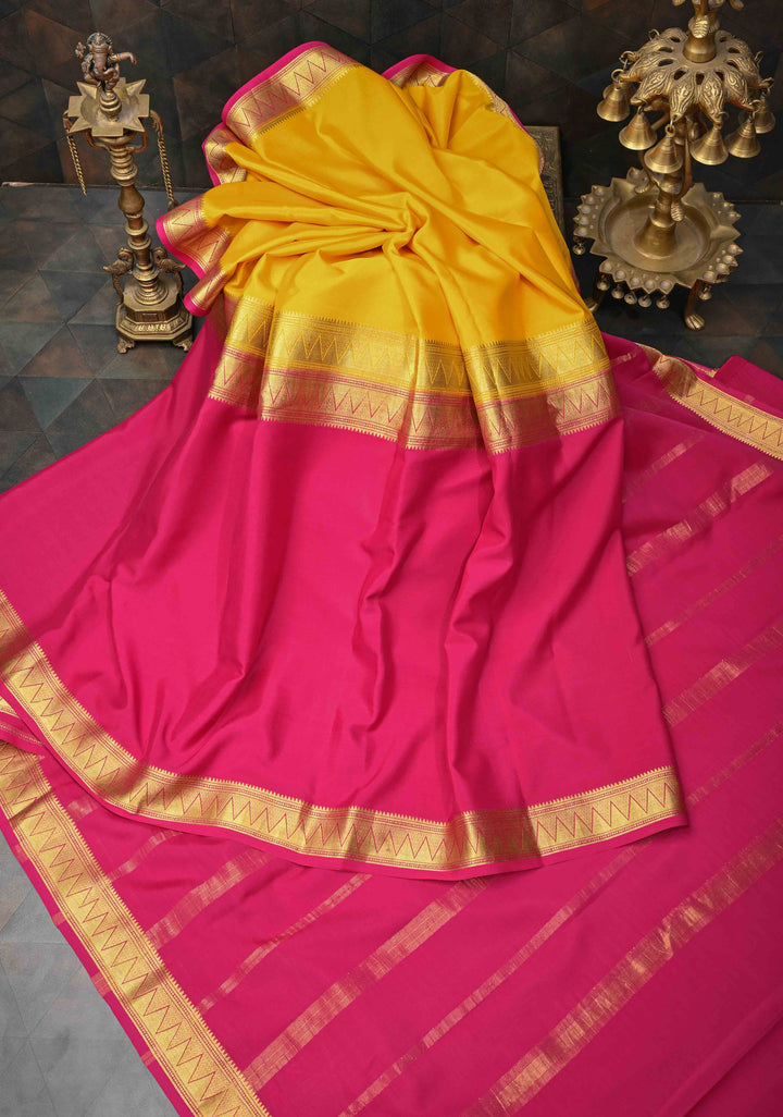 Yellow Mysore silk Saree With Half Magenta Zari Border | SILK MARK CERTIFIED