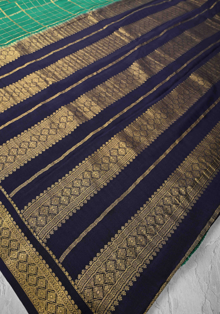 Green Mysore silk Saree with Zari Checks and Zari Border in KSIC Grade Thickness| SILK MARK CERTIFIED
