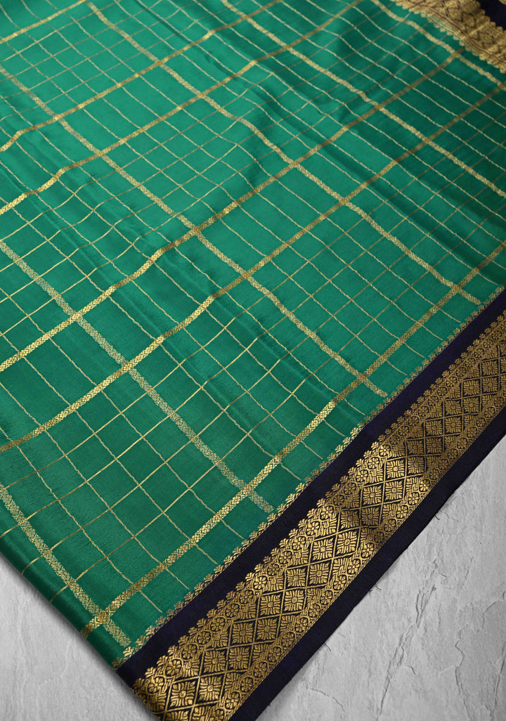 Green Mysore silk Saree with Zari Checks and Zari Border in KSIC Grade Thickness| SILK MARK CERTIFIED