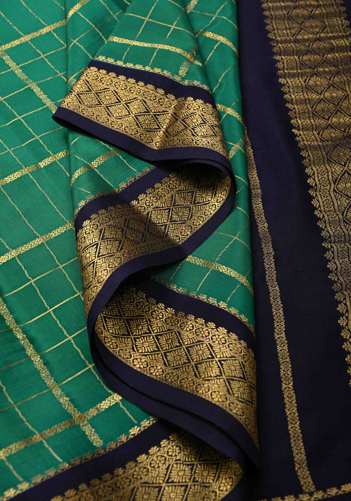 Green Mysore silk Saree with Zari Checks and Zari Border in KSIC Grade Thickness| SILK MARK CERTIFIED