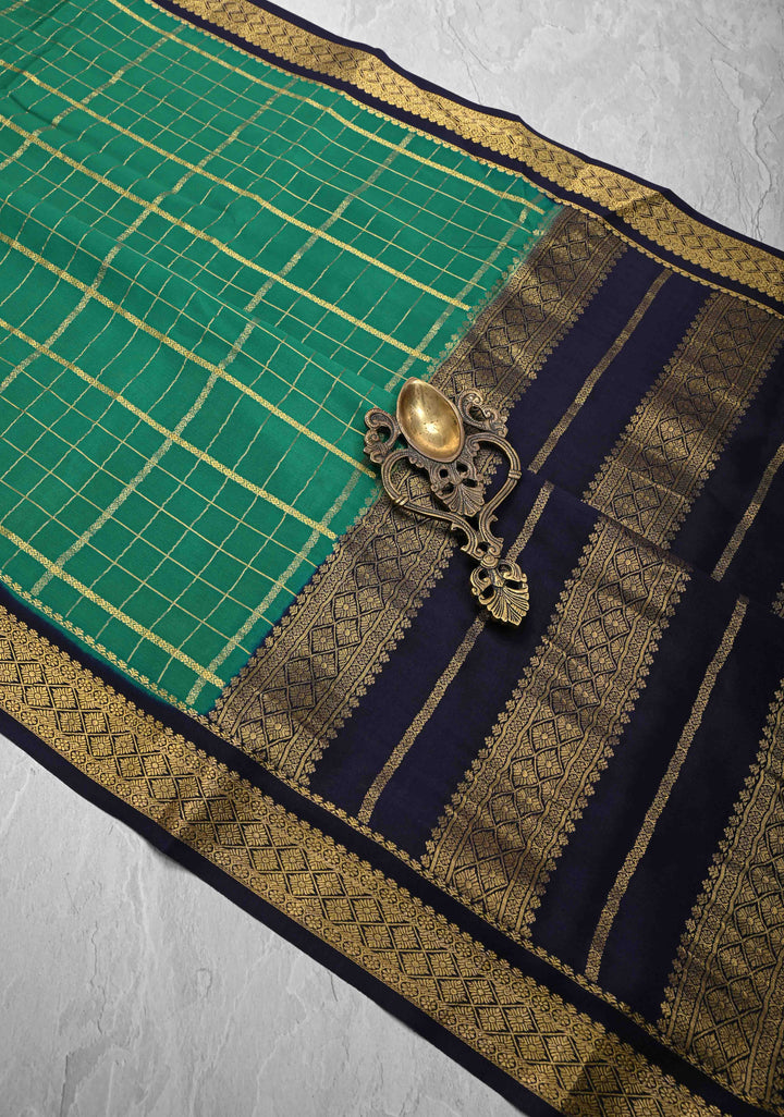 Green Mysore silk Saree with Zari Checks and Zari Border in KSIC Grade Thickness| SILK MARK CERTIFIED