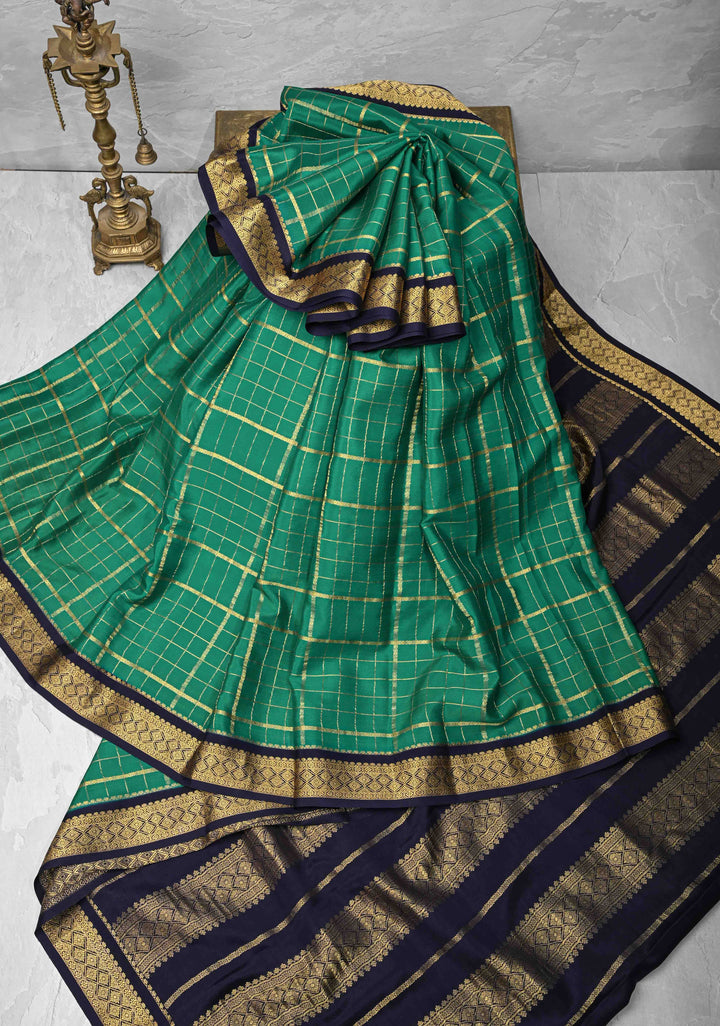 Green Mysore silk Saree with Zari Checks and Zari Border in KSIC Grade Thickness| SILK MARK CERTIFIED