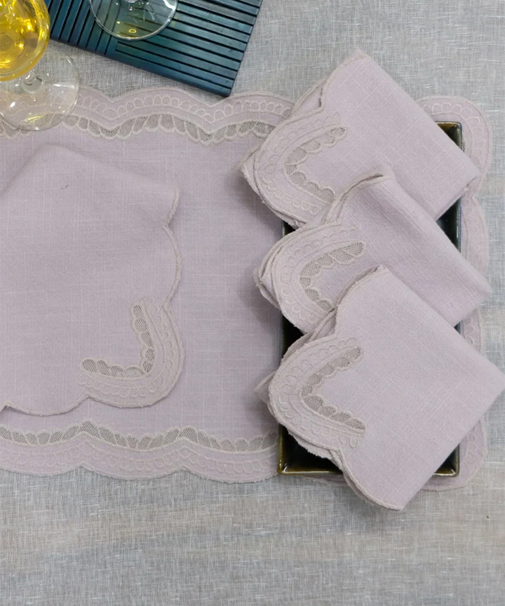 Set of 4 pcs Dusty Pink Cutwork Embroidered Cotton Slub Table Napkins (16.75 x 16.75 Inches) | SHOBITAM