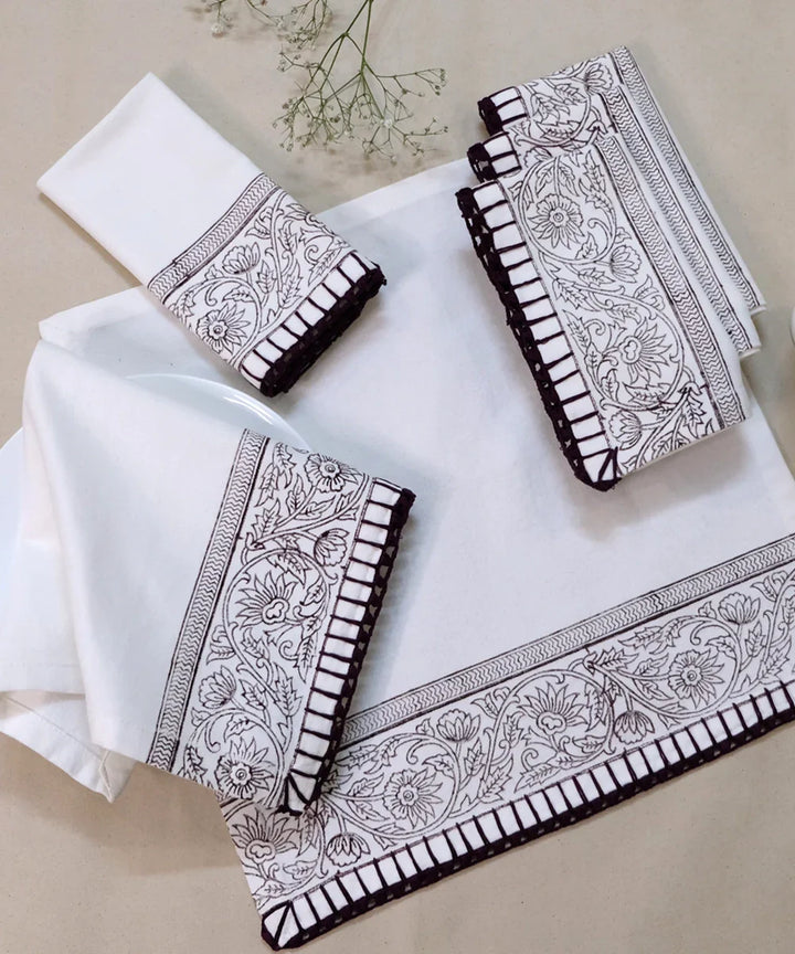 Set of 6 pcs Off White & Brown Cotton Block Printed with Crochet Hand Embroidery Table Napkin (14.5" x 14.5") | SHOBITAM
