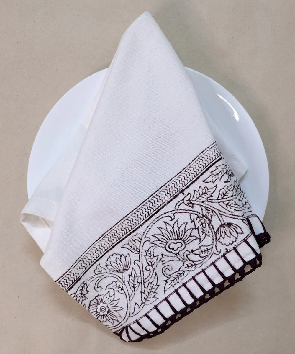 Set of 6 pcs Off White & Brown Cotton Block Printed with Crochet Hand Embroidery Table Napkin (14.5" x 14.5") | SHOBITAM