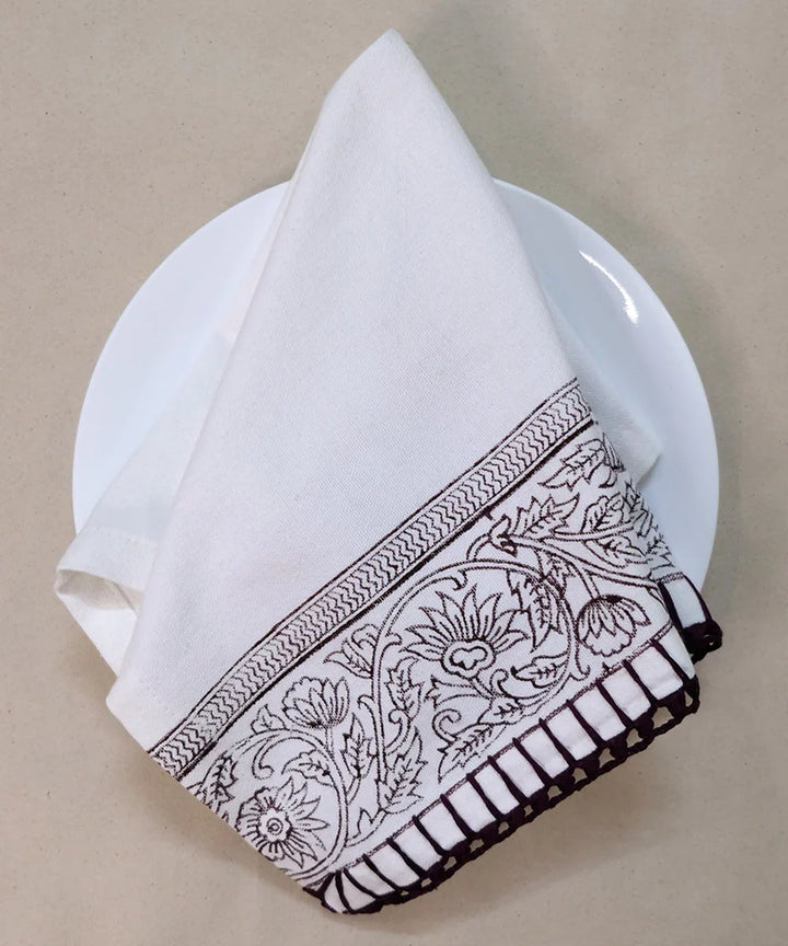 Set of 6 pcs Off White & Brown Cotton Block Printed with Crochet Hand Embroidery Table Napkin (14.5" x 14.5") | SHOBITAM