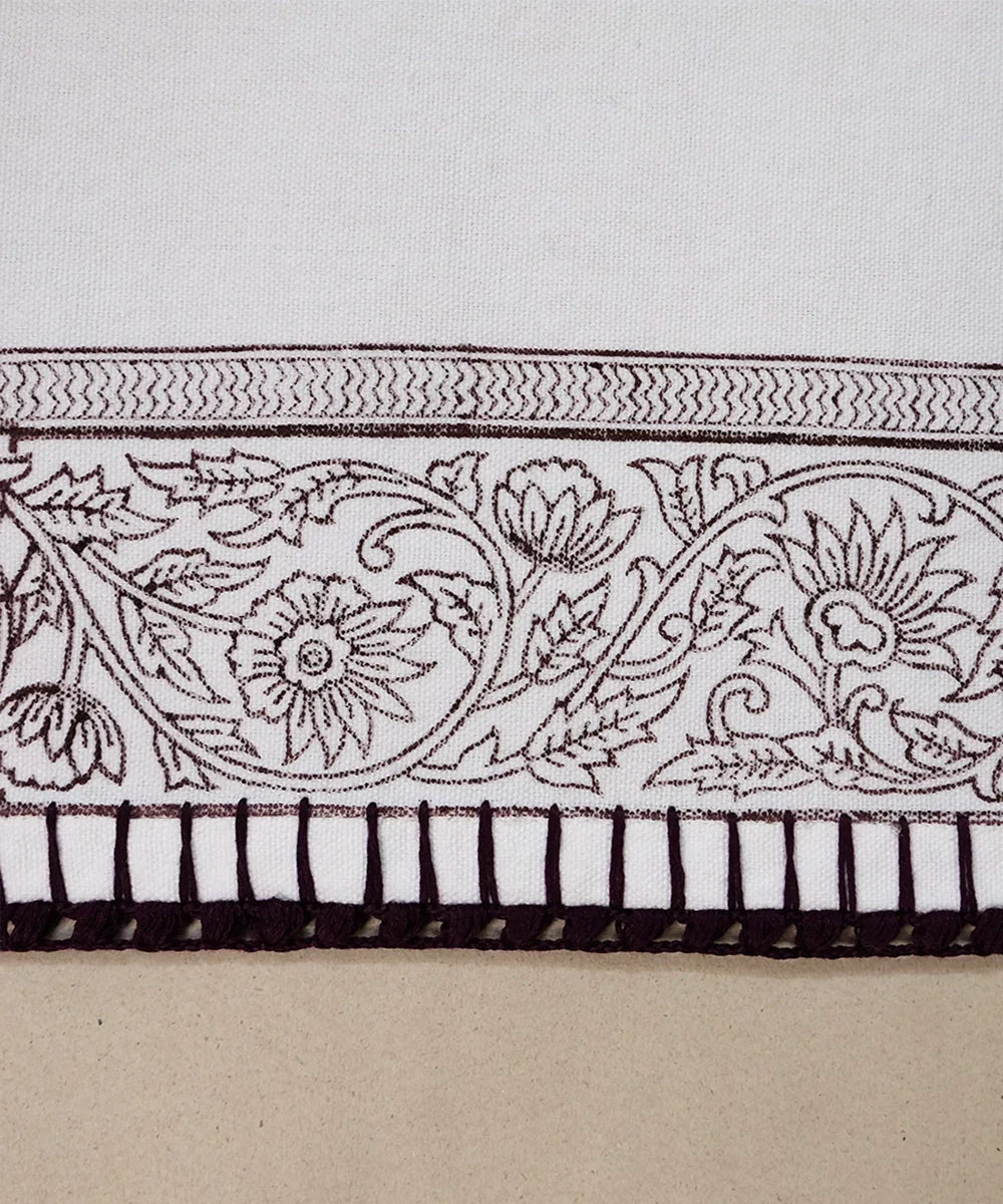 Set of 6 pcs Off White & Brown Cotton Block Printed with Crochet Hand Embroidery Table Napkin (14.5" x 14.5") | SHOBITAM