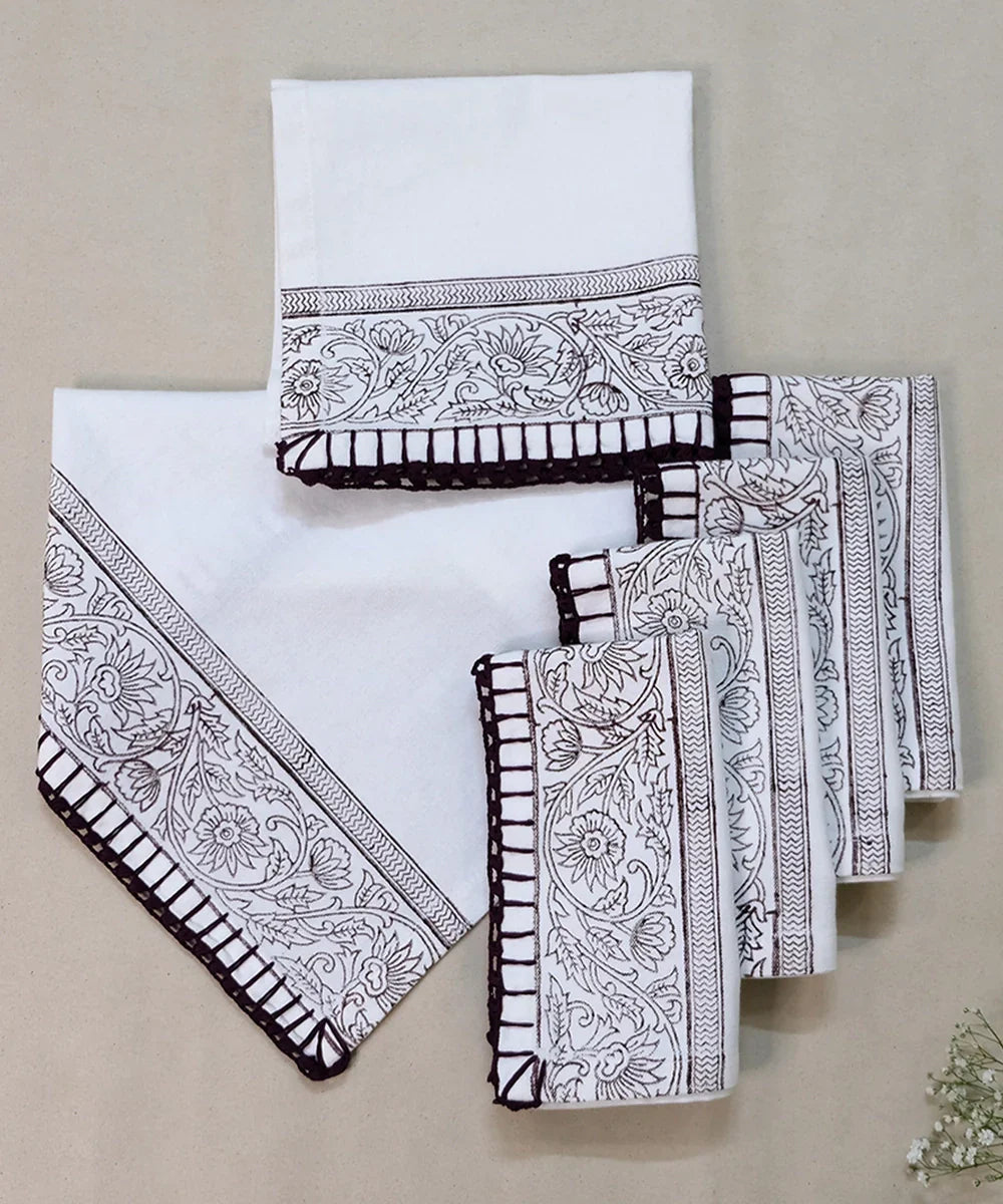Set of 6 pcs Off White & Brown Cotton Block Printed with Crochet Hand Embroidery Table Napkin (14.5" x 14.5") | SHOBITAM