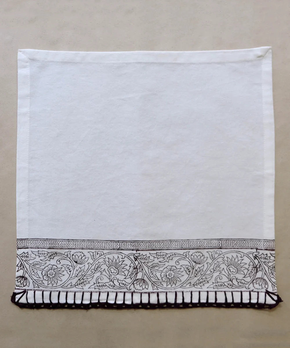 Set of 6 pcs Off White & Brown Cotton Block Printed with Crochet Hand Embroidery Table Napkin (14.5" x 14.5") | SHOBITAM