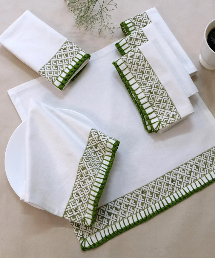 Set of 6 pcs Off White & Olive Cotton Block Printed with Crochet Hand Embroidery Table Napkin (14.5" x 14.5") | SHOBITAM