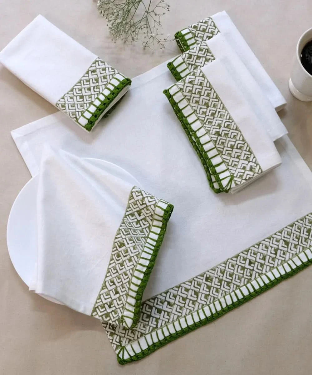 Olive Block Print Table Linen Gift Set | 1 Runner + 6 Mats + 6 Napkins | SHOBITAM