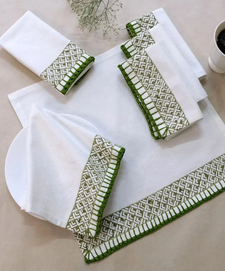 Olive Block Print Table Linen Gift Set | 1 Runner + 6 Mats + 6 Napkins | SHOBITAM