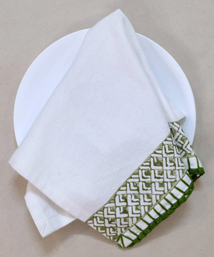 Set of 6 pcs Off White & Olive Cotton Block Printed with Crochet Hand Embroidery Table Napkin (14.5" x 14.5") | SHOBITAM