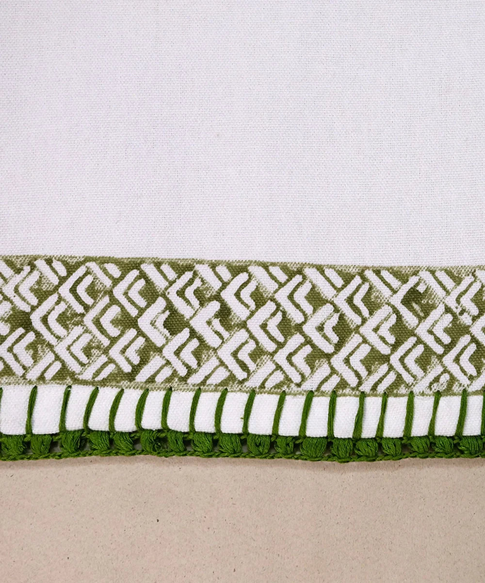 Set of 6 pcs Off White & Olive Cotton Block Printed with Crochet Hand Embroidery Table Napkin (14.5" x 14.5") | SHOBITAM
