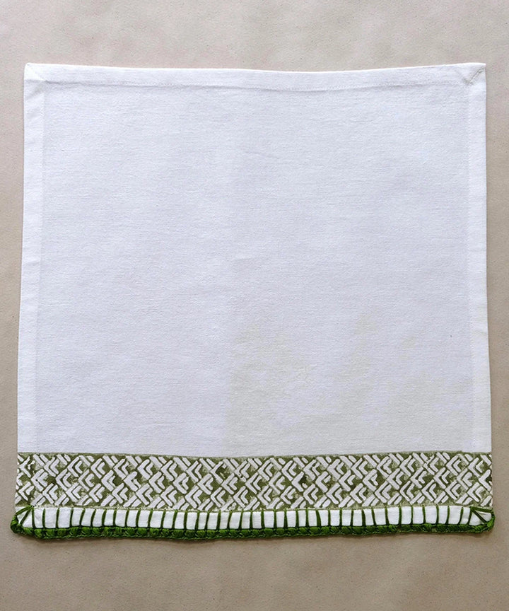 Set of 6 pcs Off White & Olive Cotton Block Printed with Crochet Hand Embroidery Table Napkin (14.5" x 14.5") | SHOBITAM