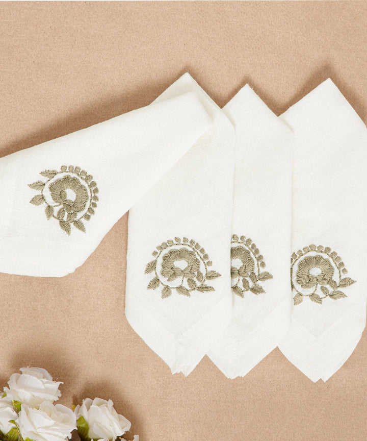 Set of 4 pcs Cream with Grey Floral Hand Embroidered Pure Linen Table Napkin (16" x 16") | SHOBITAM