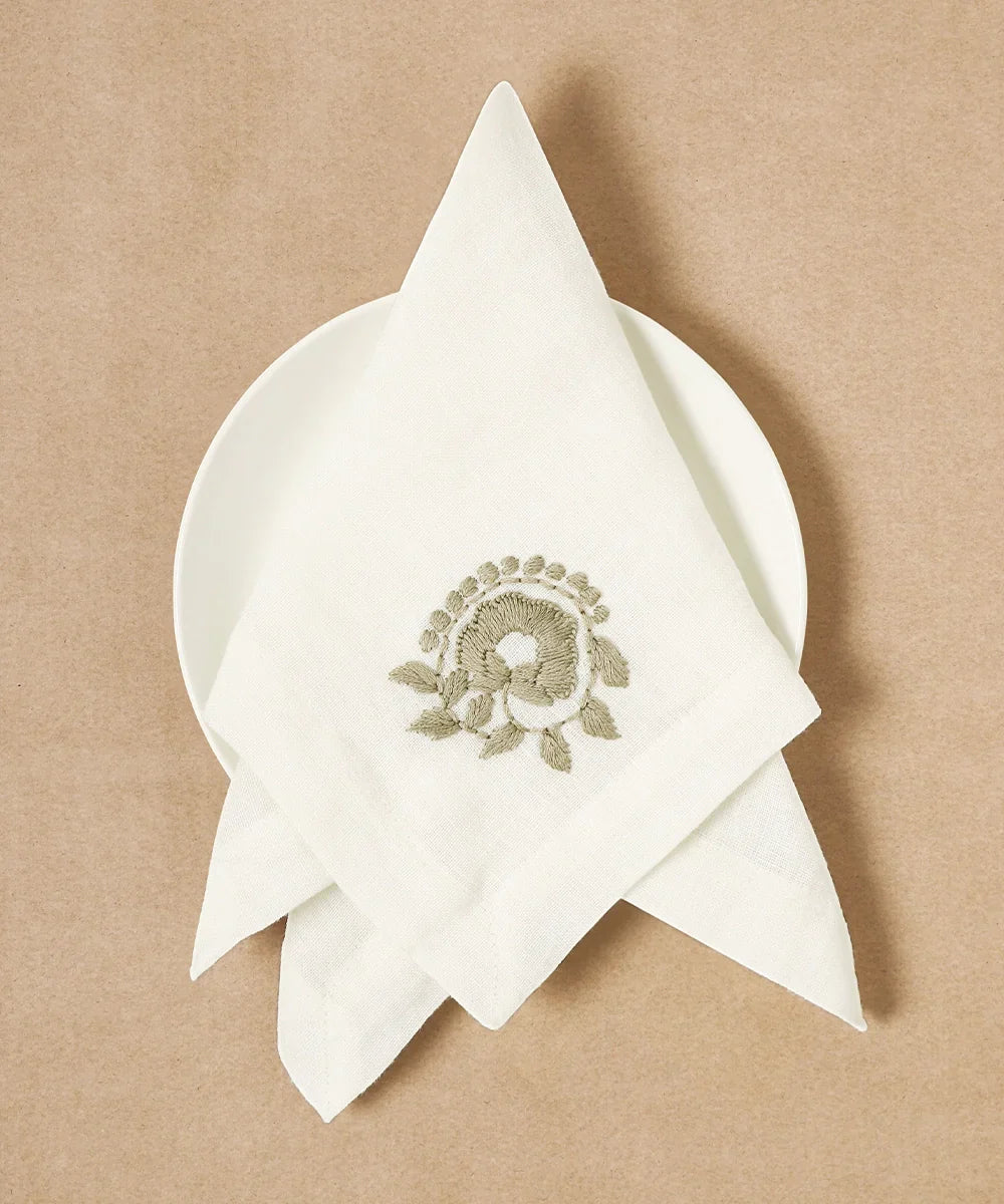 Set of 4 pcs Cream with Grey Floral Hand Embroidered Pure Linen Table Napkin (16" x 16") | SHOBITAM