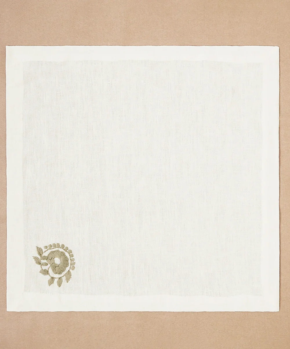 Set of 4 pcs Cream with Grey Floral Hand Embroidered Pure Linen Table Napkin (16" x 16") | SHOBITAM