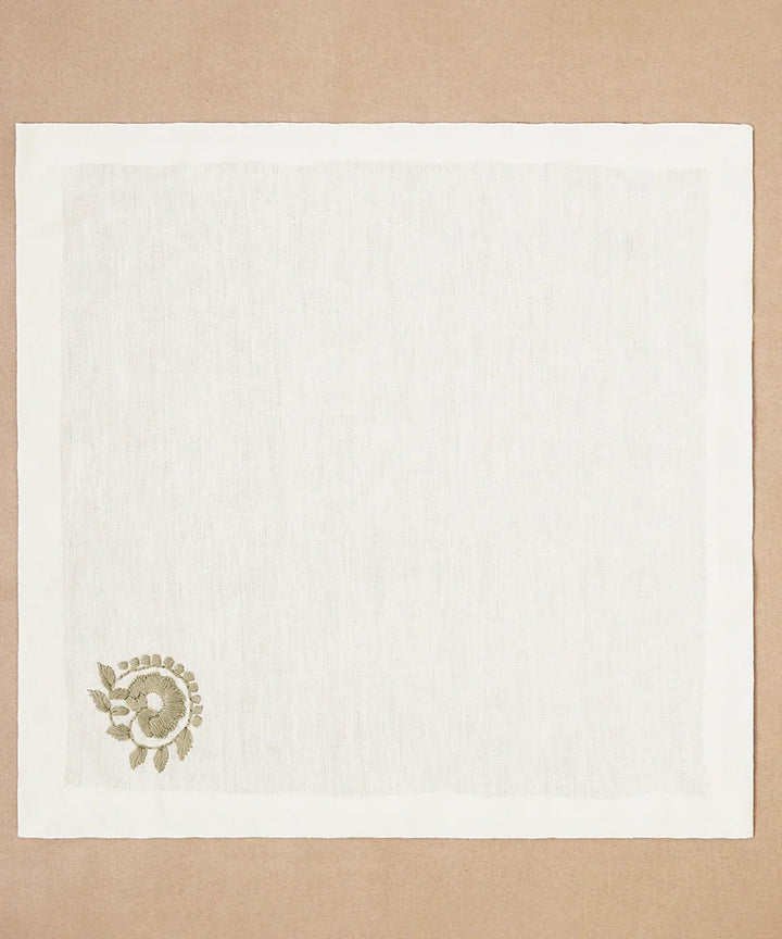 Set of 4 pcs Cream with Grey Floral Hand Embroidered Pure Linen Table Napkin (16" x 16") | SHOBITAM