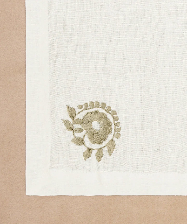 Set of 4 pcs Cream with Grey Floral Hand Embroidered Pure Linen Table Napkin (16" x 16") | SHOBITAM