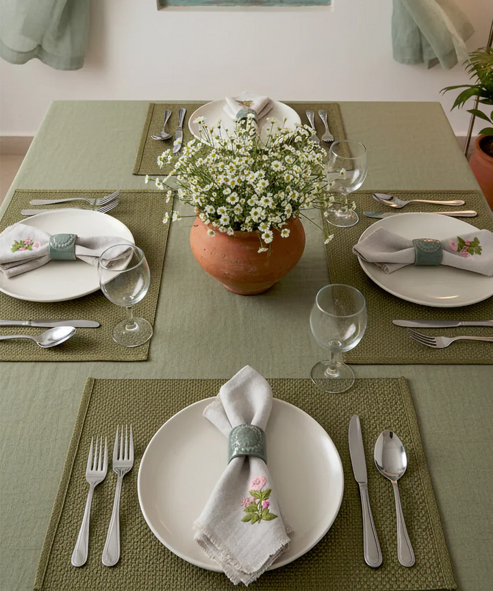 Set of 4 pcs Natural Grey with Peach Floral Hand Embroidered Pure Linen Table Napkin | SHOBITAM