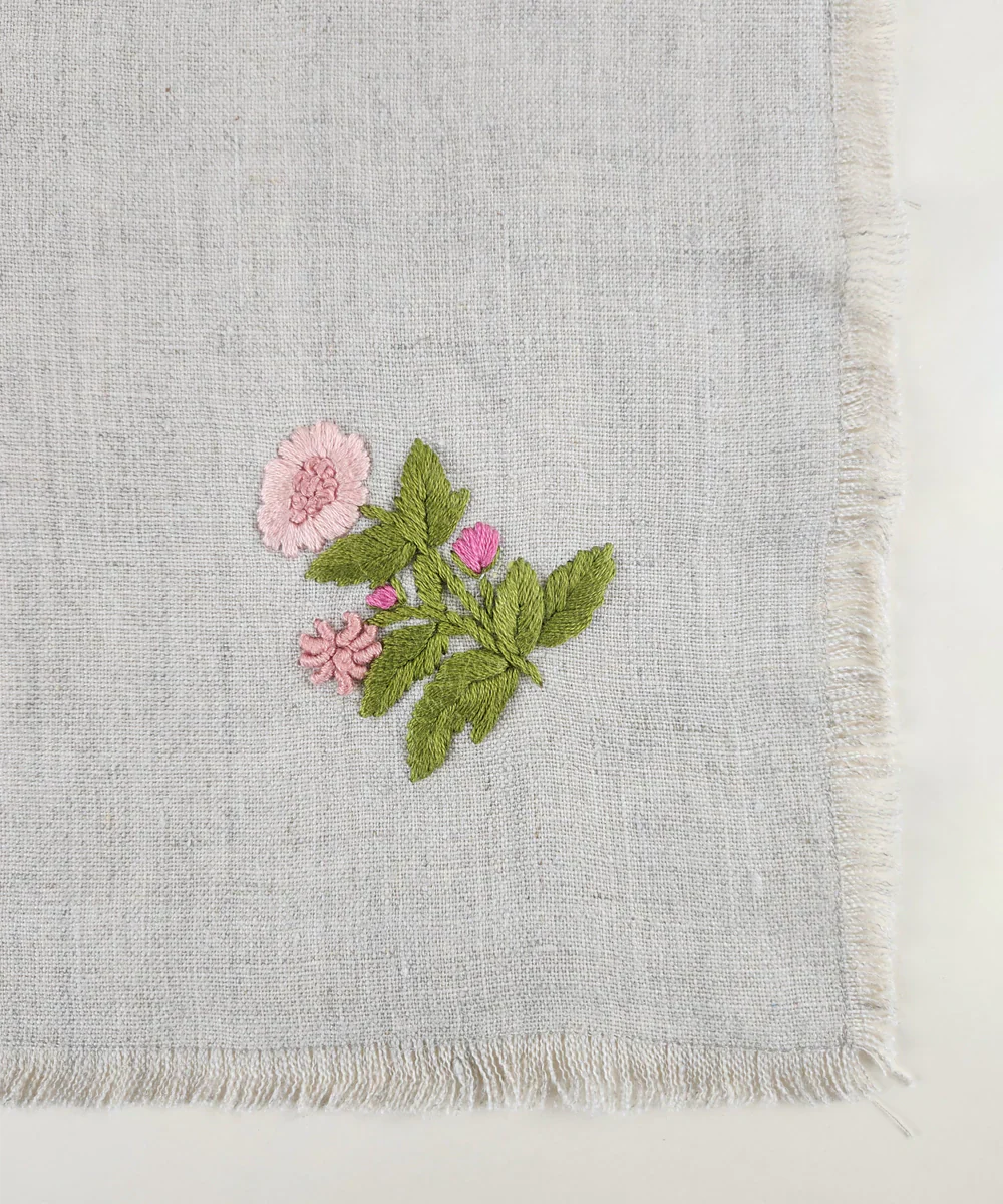 Set of 4 pcs Natural Grey with Peach Floral Hand Embroidered Pure Linen Table Napkin | SHOBITAM