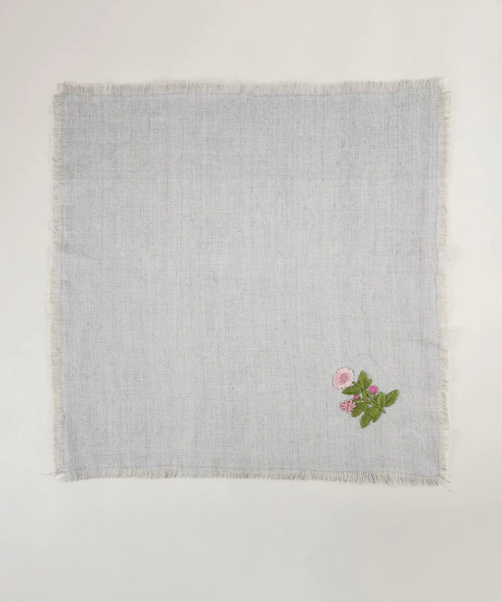 Set of 4 pcs Natural Grey with Peach Floral Hand Embroidered Pure Linen Table Napkin | SHOBITAM