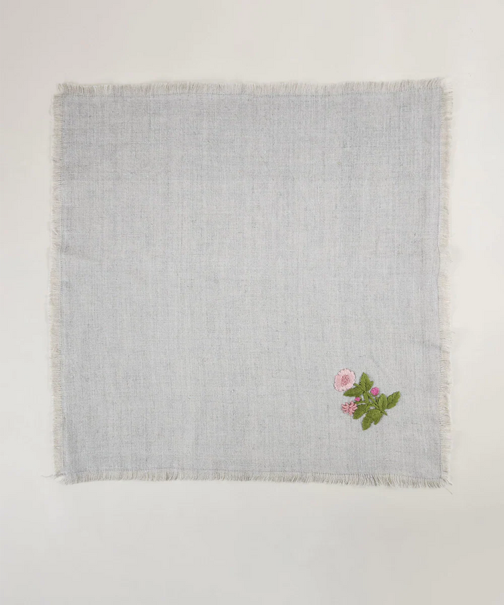 Set of 4 pcs Natural Grey with Peach Floral Hand Embroidered Pure Linen Table Napkin | SHOBITAM