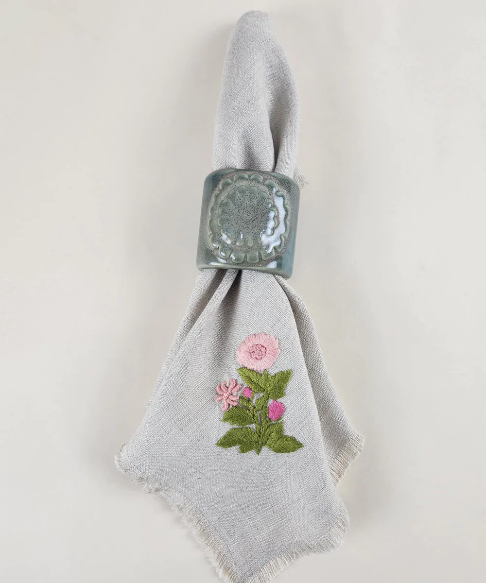 Set of 4 pcs Natural Grey with Peach Floral Hand Embroidered Pure Linen Table Napkin | SHOBITAM