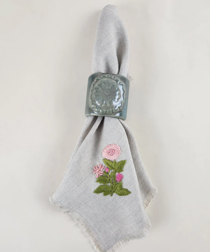 Set of 4 pcs Natural Grey with Peach Floral Hand Embroidered Pure Linen Table Napkin | SHOBITAM