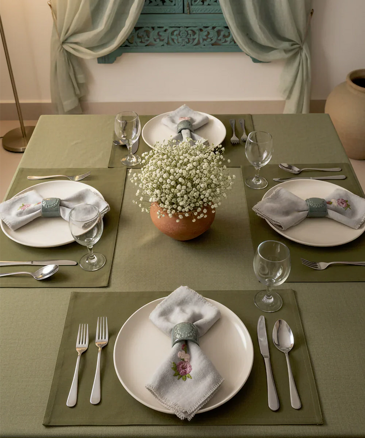 Set of 4 pcs Natural Grey with Pink Floral Hand Embroidered Pure Linen Table Napkin | SHOBITAM