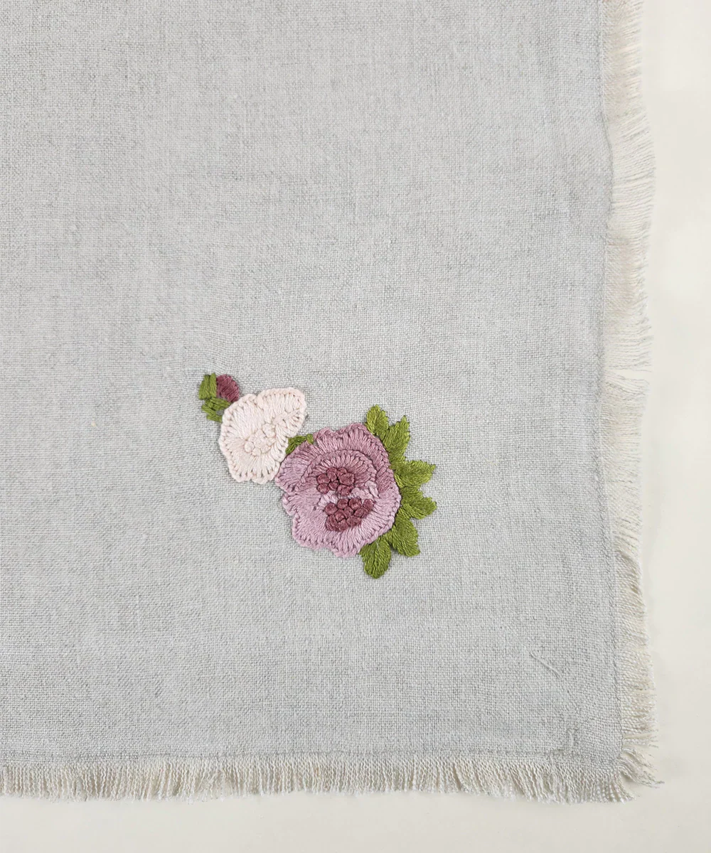 Set of 4 pcs Natural Grey with Pink Floral Hand Embroidered Pure Linen Table Napkin | SHOBITAM