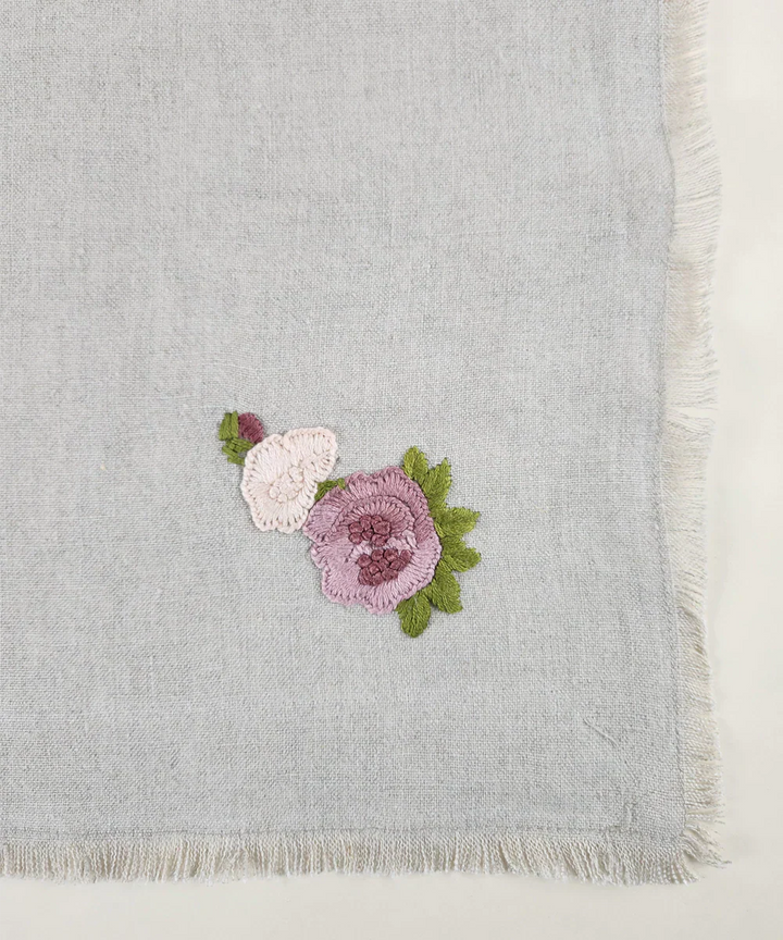 Set of 4 pcs Natural Grey with Pink Floral Hand Embroidered Pure Linen Table Napkin | SHOBITAM