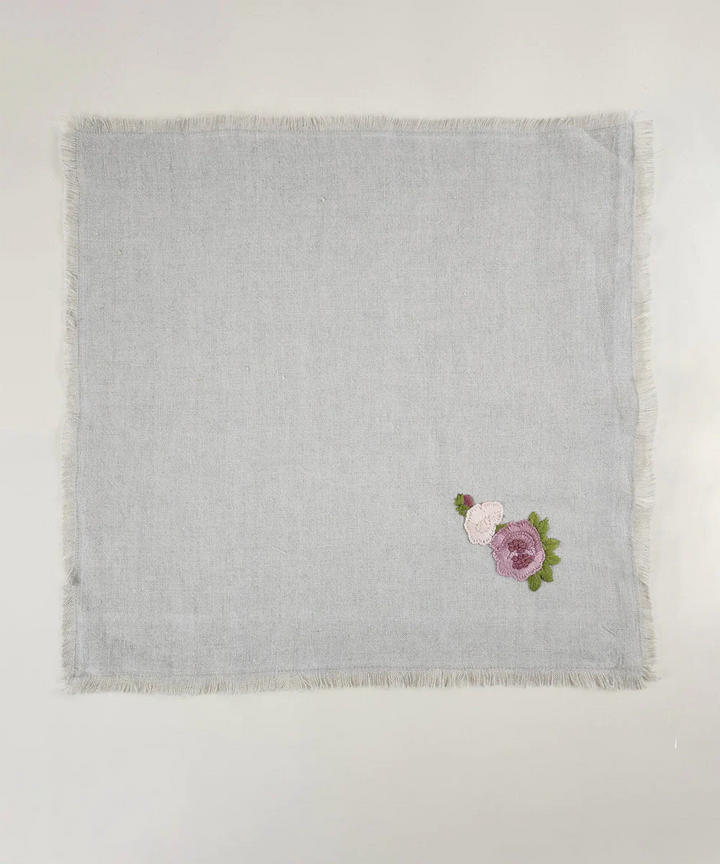 Set of 4 pcs Natural Grey with Pink Floral Hand Embroidered Pure Linen Table Napkin | SHOBITAM