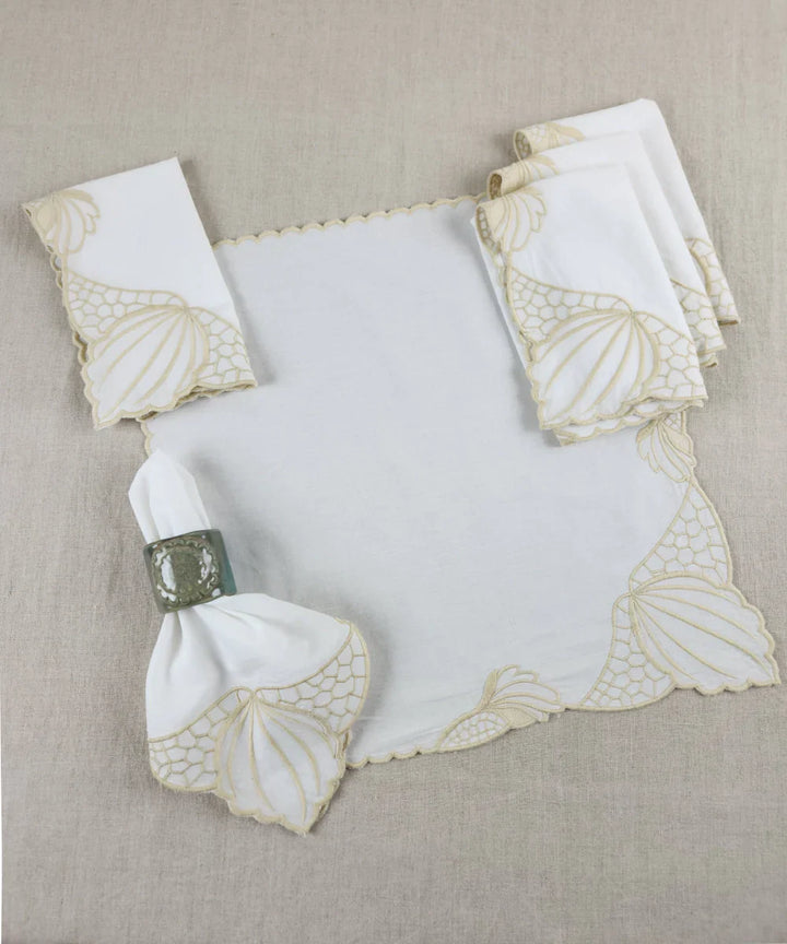 Set of 6 pcs Off White Embroidered Cotton Cambric Cutwork Table Napkins (16.5"x17.5") | SHOBITAM