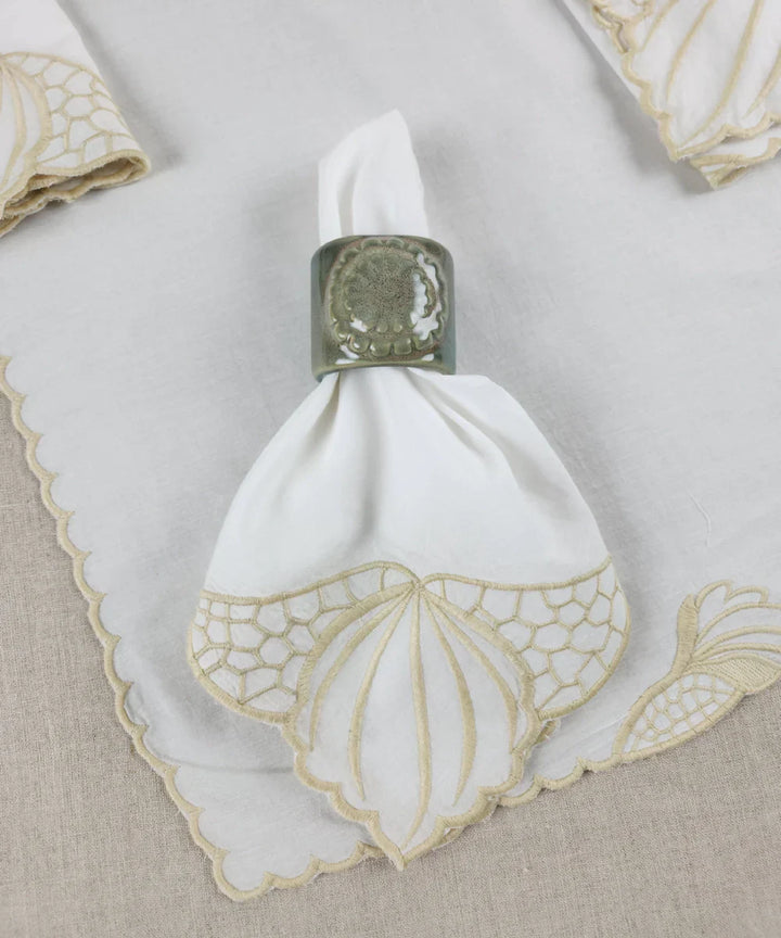 Set of 6 pcs Off White Embroidered Cotton Cambric Cutwork Table Napkins (16.5"x17.5") | SHOBITAM