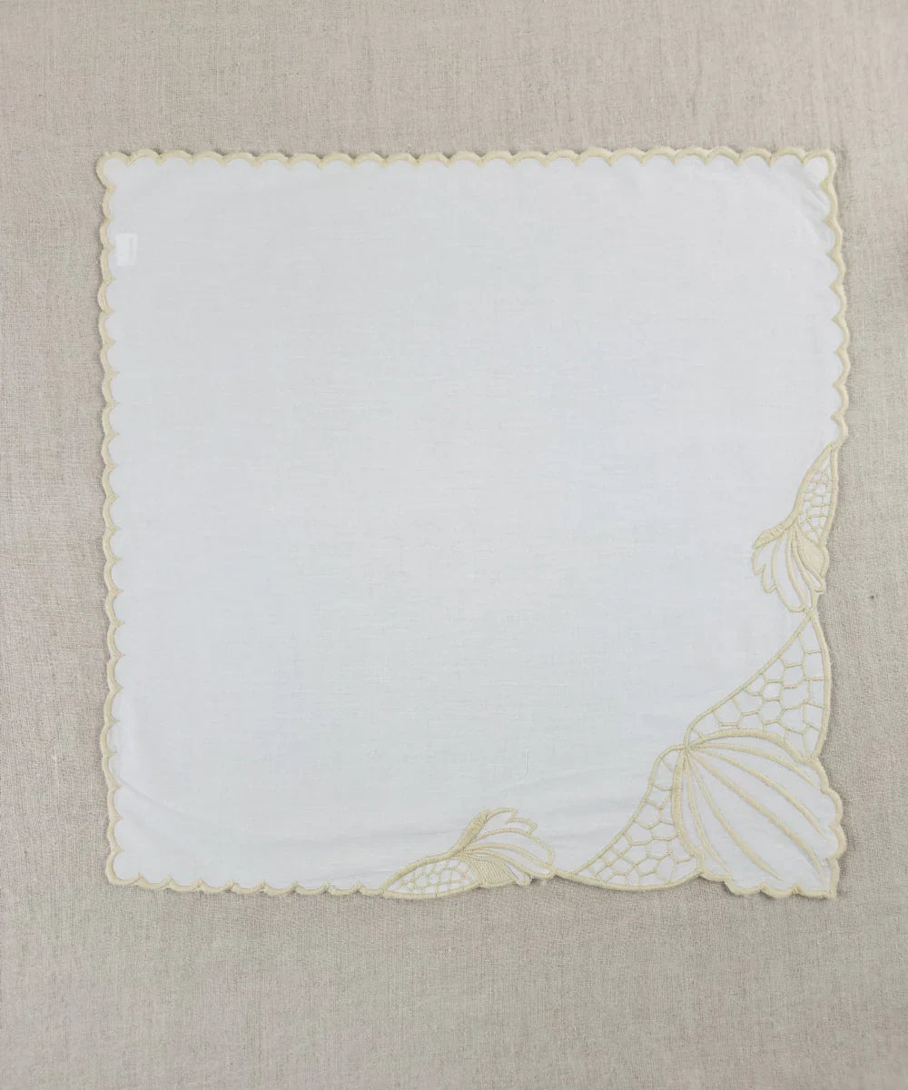 Set of 6 pcs Off White Embroidered Cotton Cambric Cutwork Table Napkins (16.5"x17.5") | SHOBITAM