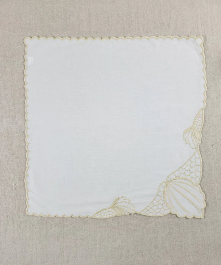 Set of 6 pcs Off White Embroidered Cotton Cambric Cutwork Table Napkins (16.5"x17.5") | SHOBITAM