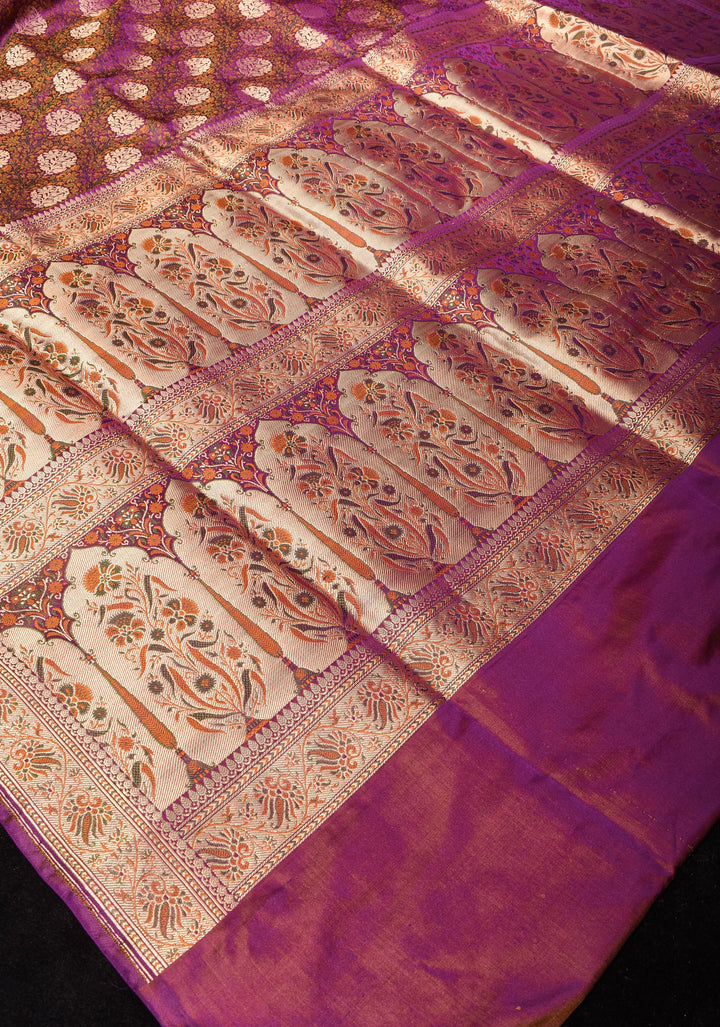 Tanchoi Floral Banarasi Pure Satin Silk in Purple | SILK MARK CERTIFIED