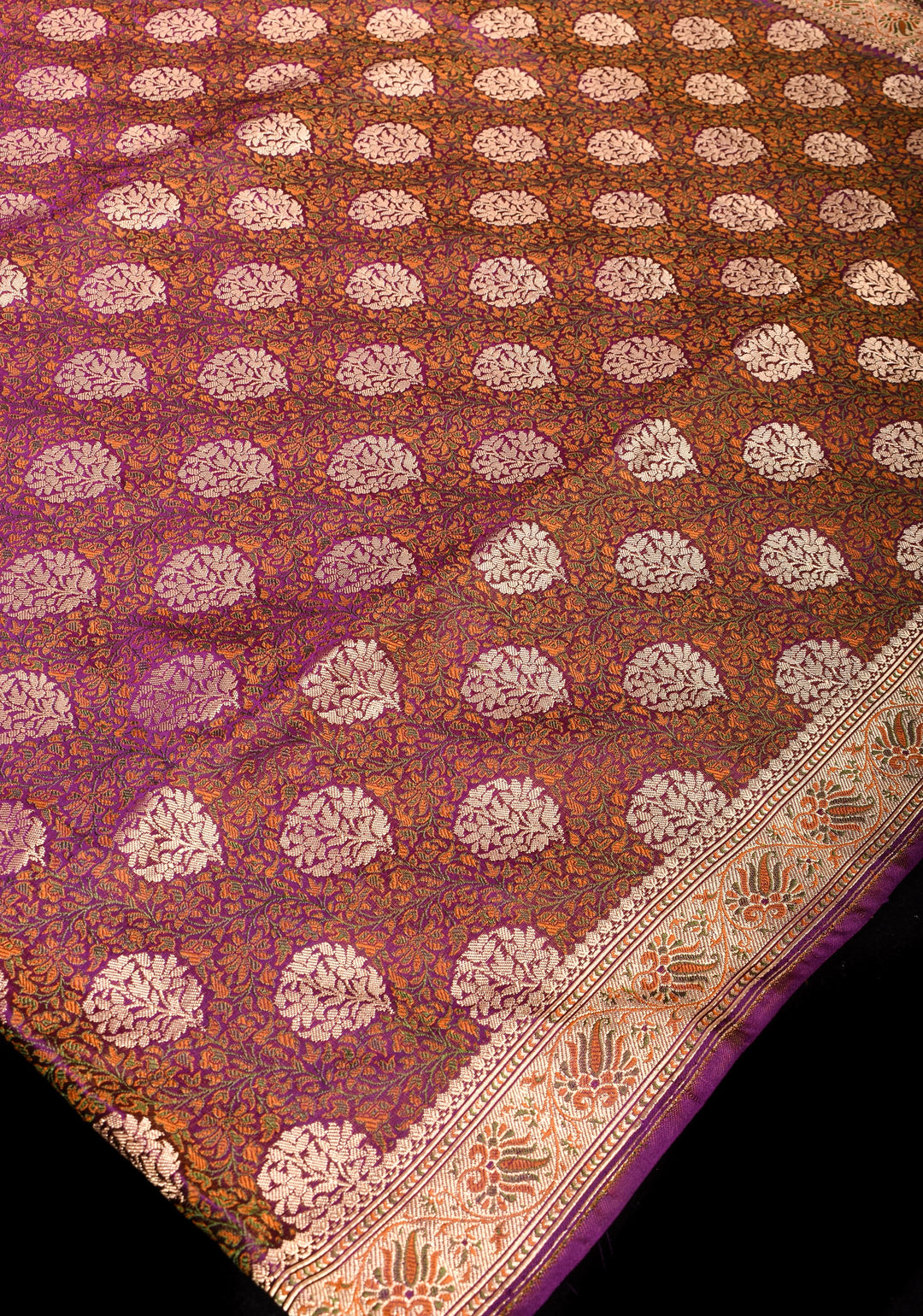 Tanchoi Floral Banarasi Pure Satin Silk in Purple | SILK MARK CERTIFIED