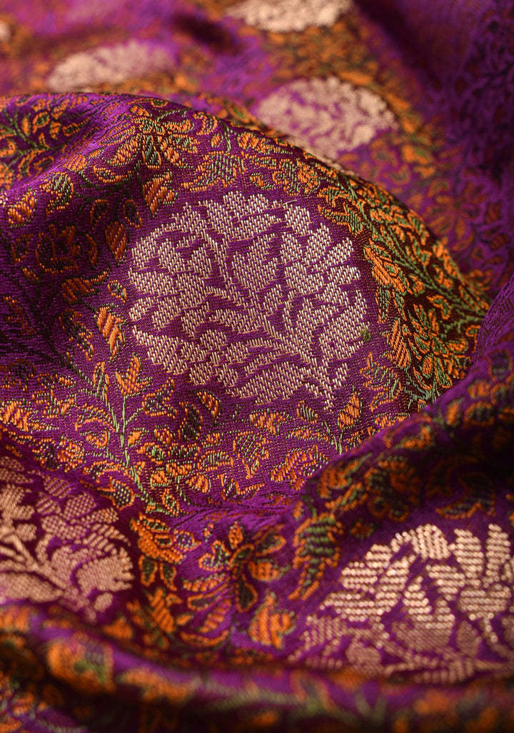 Tanchoi Floral Banarasi Pure Satin Silk in Purple | SILK MARK CERTIFIED